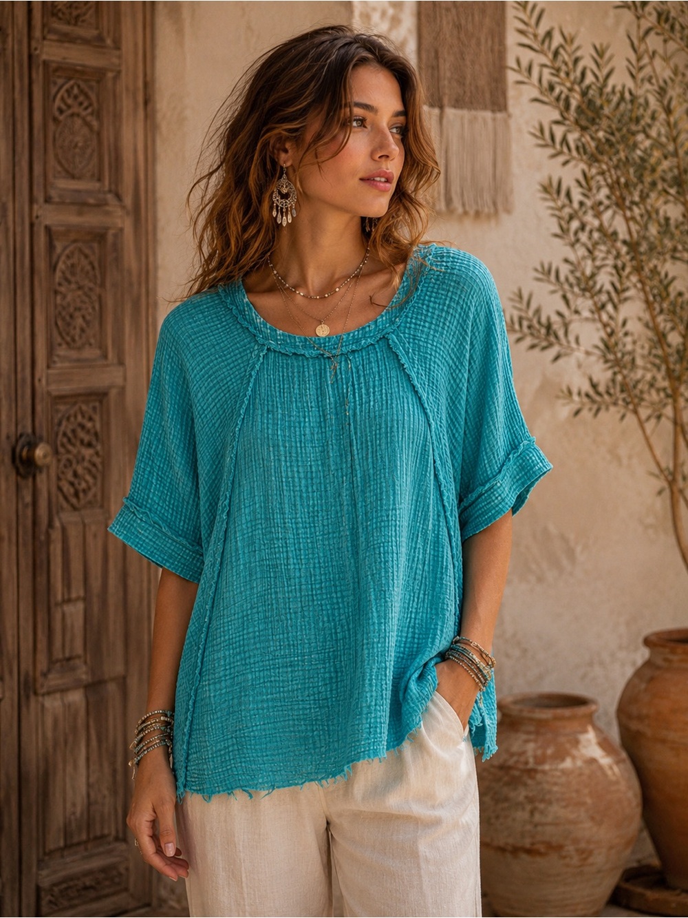 Vici Teal Gauze Short Sleeve Peasant Top
